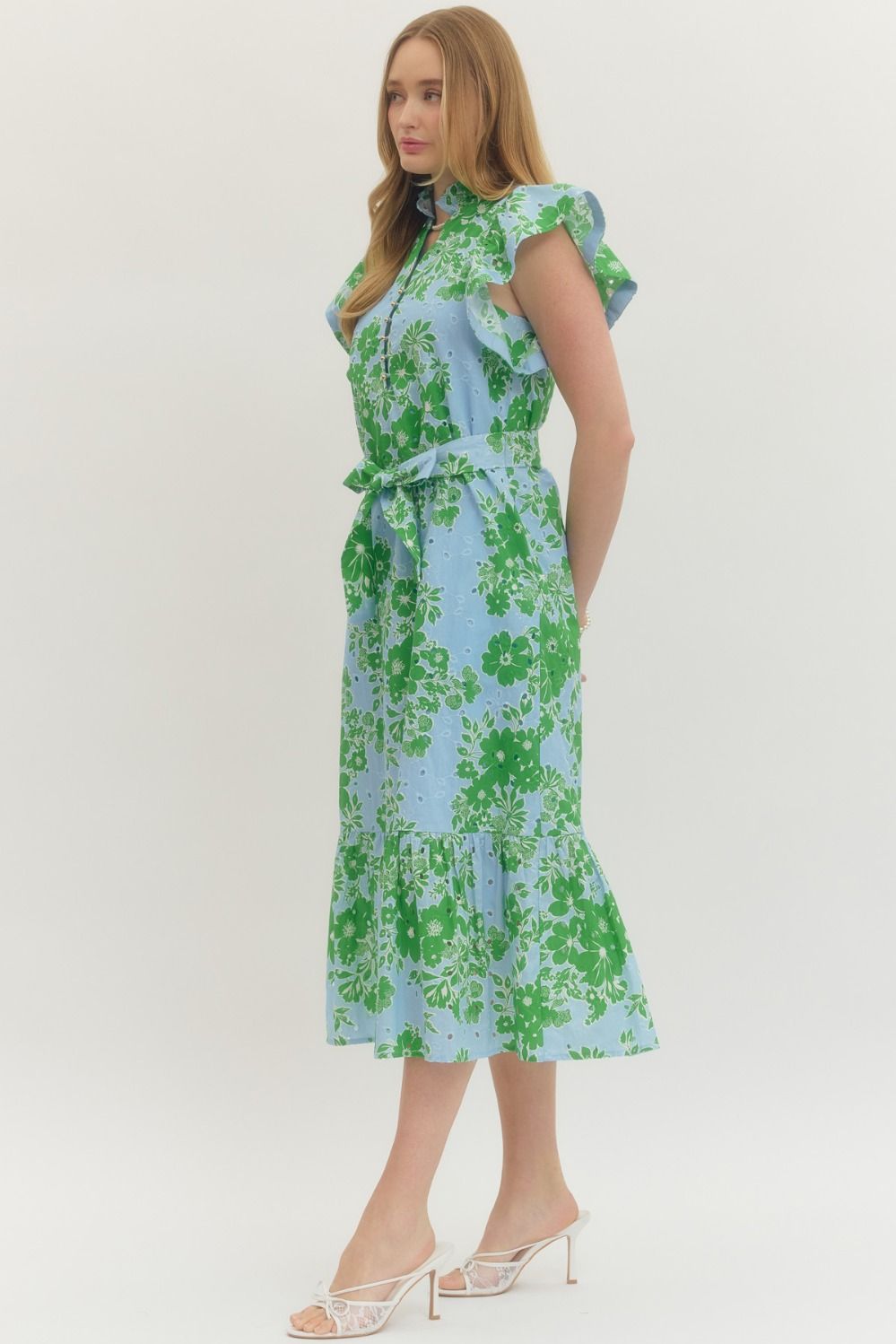Lilian Floral Print Flutter Sleeve Midi Dress