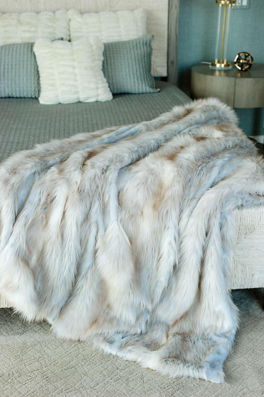 Limited Edition Siberian Fox faux fur throw in Pearl Grey with Icy Grey tips and velvet lining.