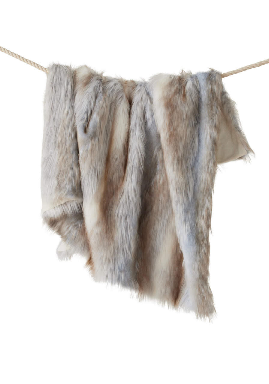 Limited Edition Siberian Fox faux fur throw in Pearl Grey with Icy Grey tips and velvet lining.