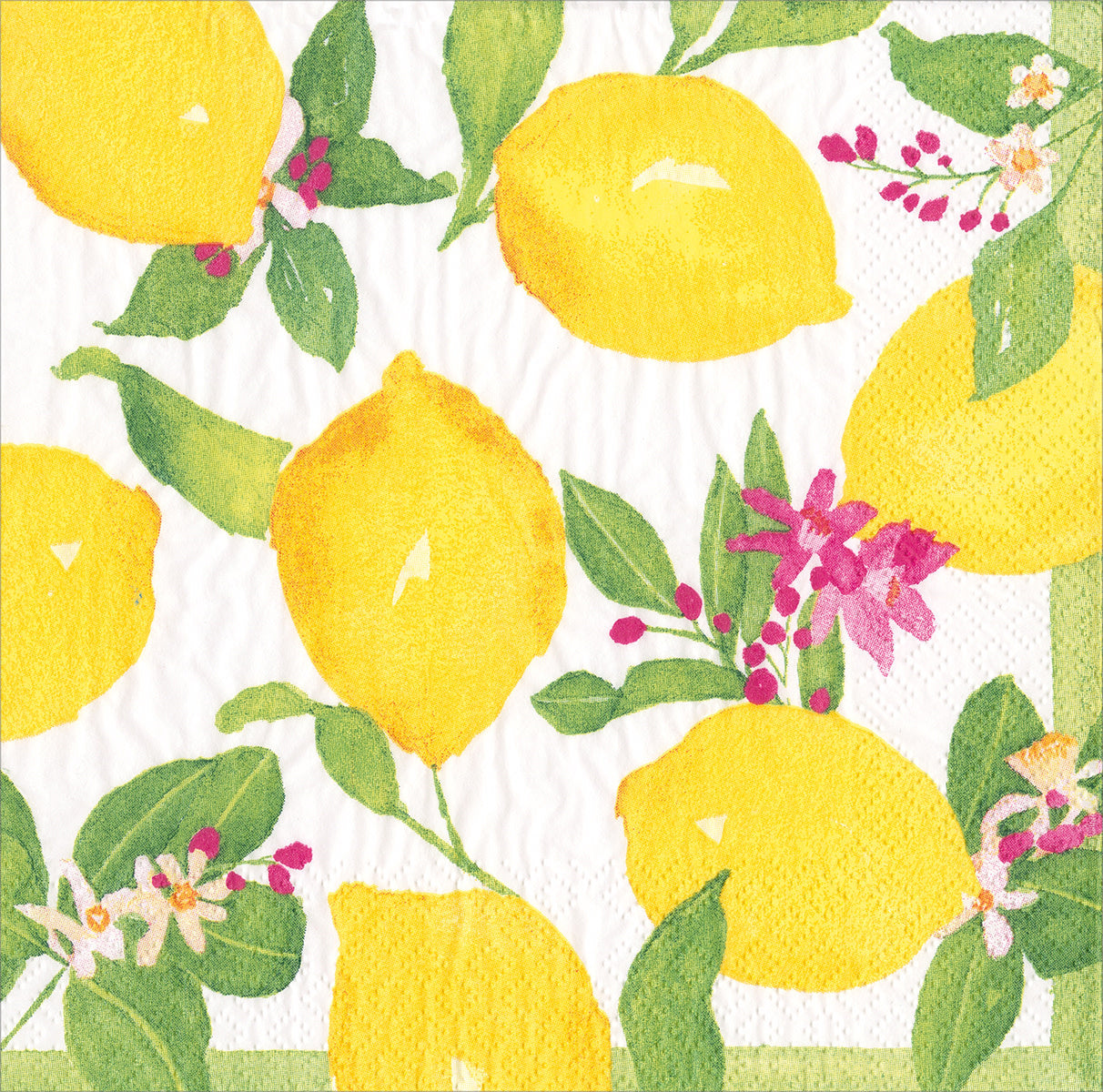 Triple-ply cocktail napkins featuring a printed Limoncello lemon slice pattern on white background.
