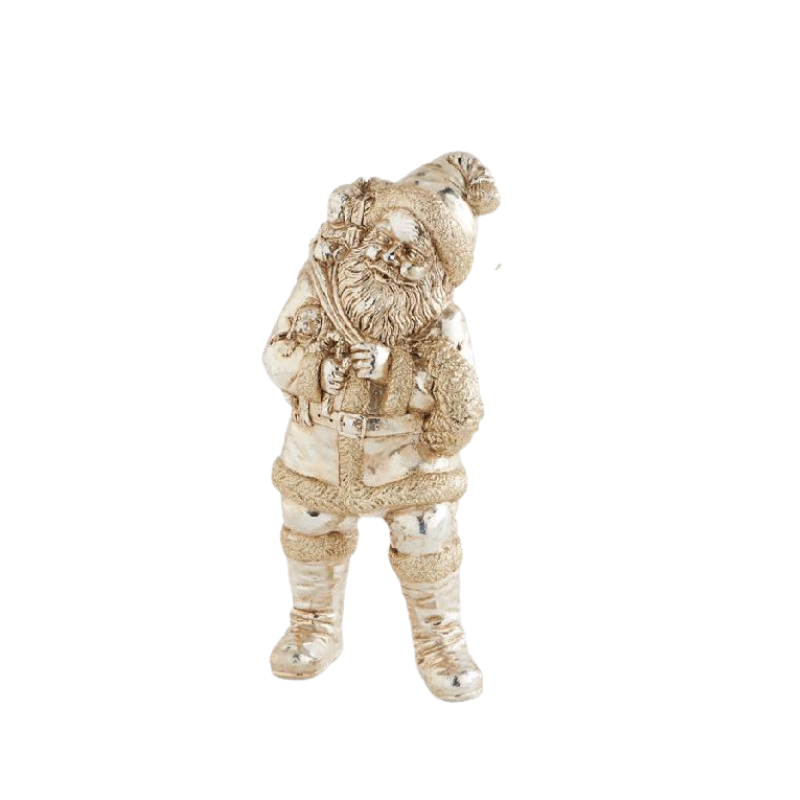 Vintage gold-toned Santa Claus figurine carrying a sack of gifts.