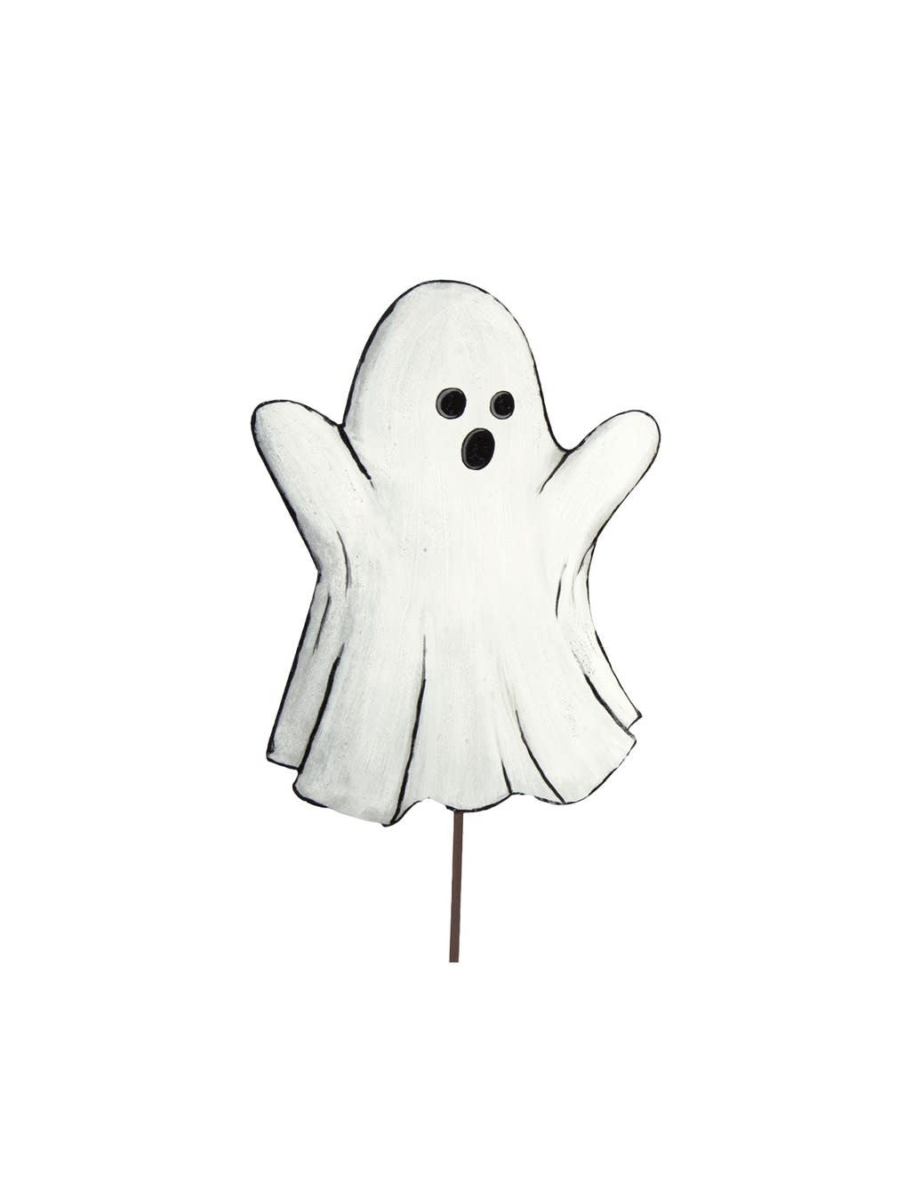 White ghost-shaped Halloween stake with black outline detailing.