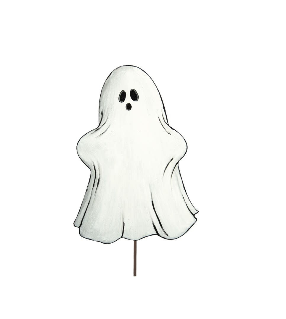White ghost-shaped lawn stake with a lined interior detail.