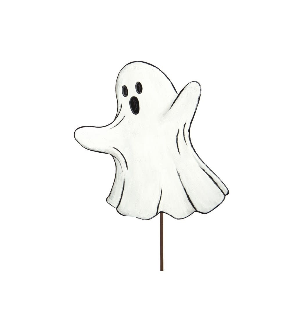 White ghost-shaped Halloween stake with a lined interior detail.