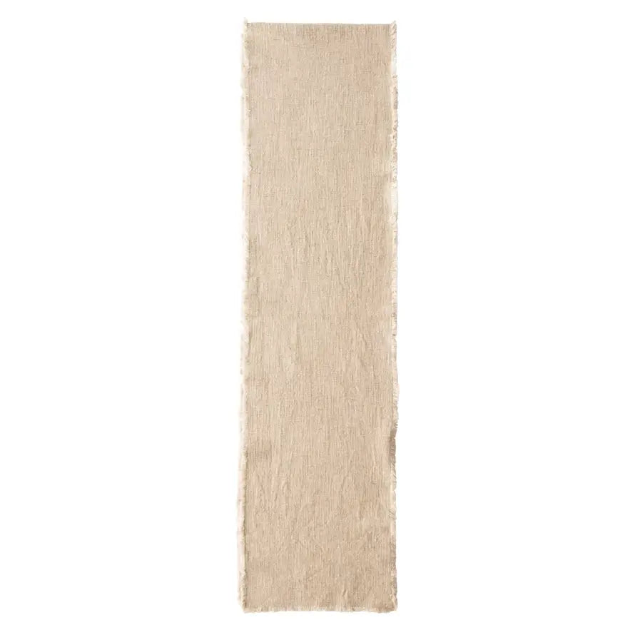 Natural linen blend table runner with frayed edges