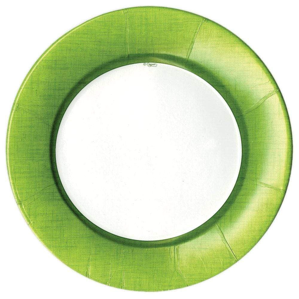 Pack of eight moss green paper dinner plates with a linen border texture pattern.