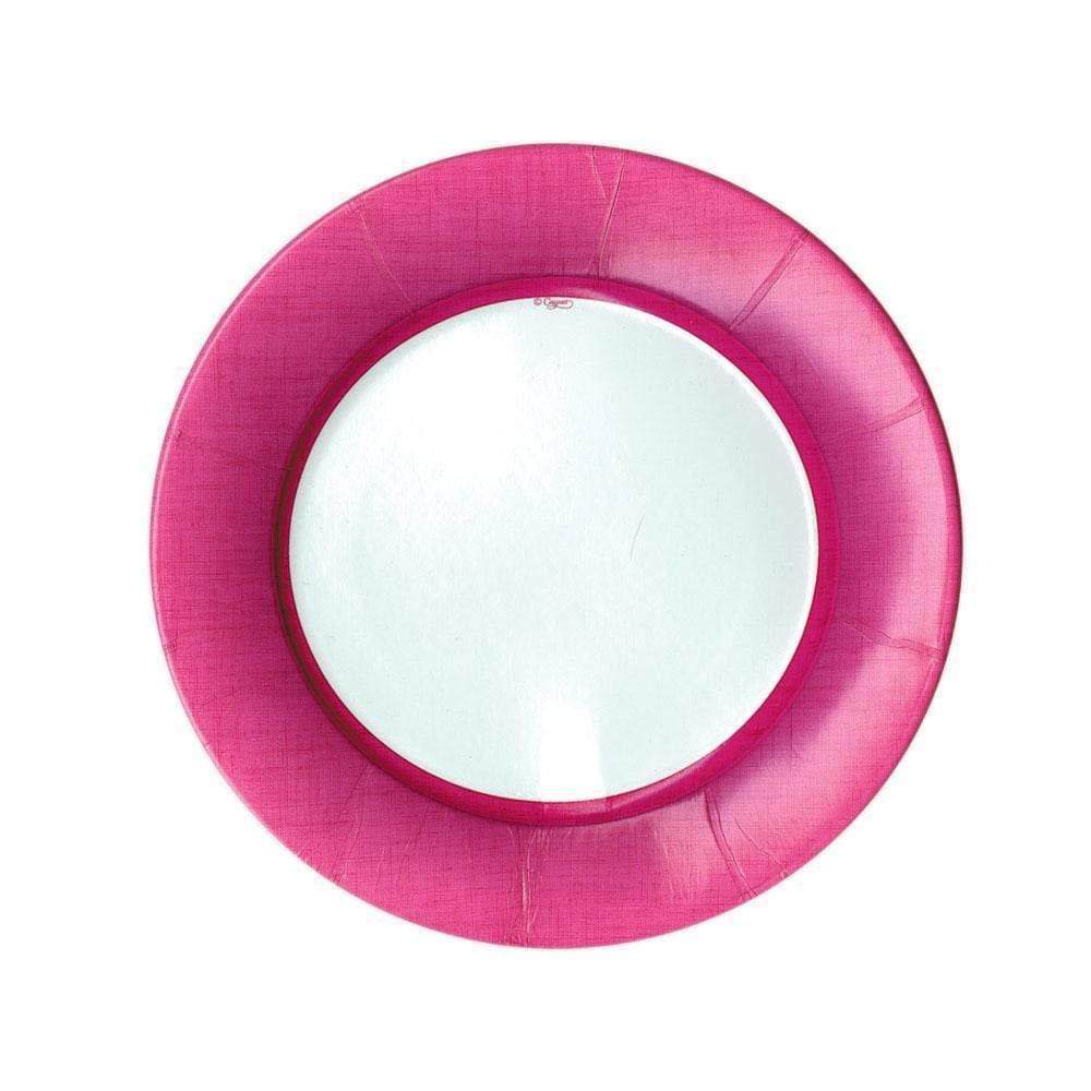 Pack of eight round fuchsia paper salad plates with a white linen border pattern.