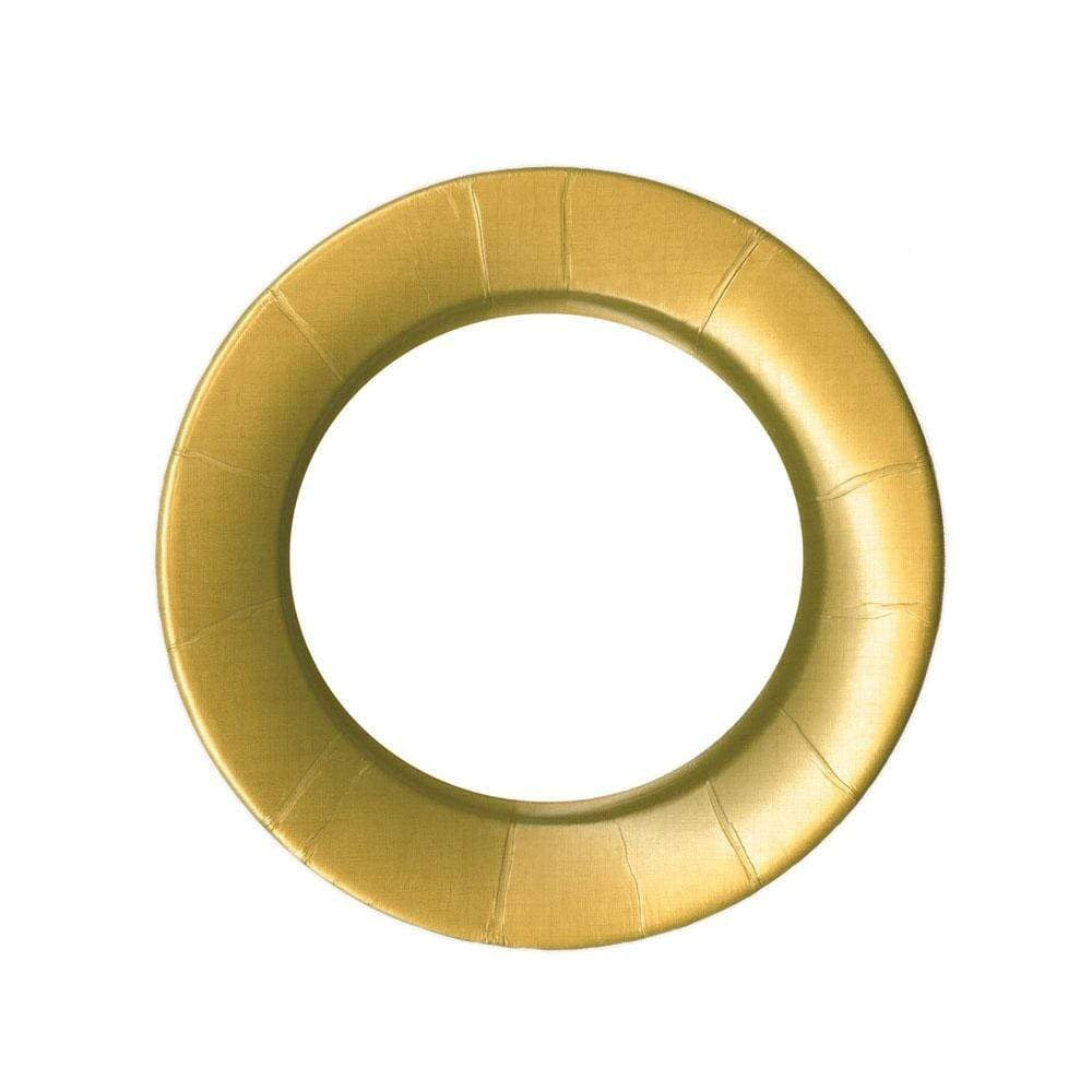 Eight gold-patterned paper salad plates with a linen border rim.