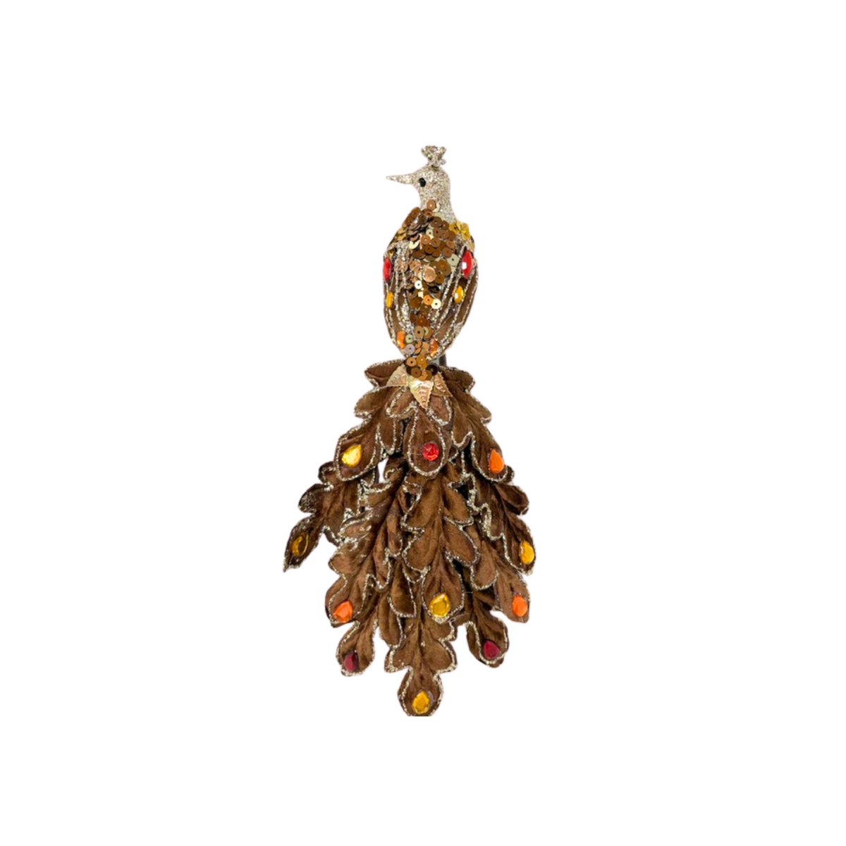 13-inch brown jeweled peacock ornament with gold sequins and colorful gems on its tail feathers.