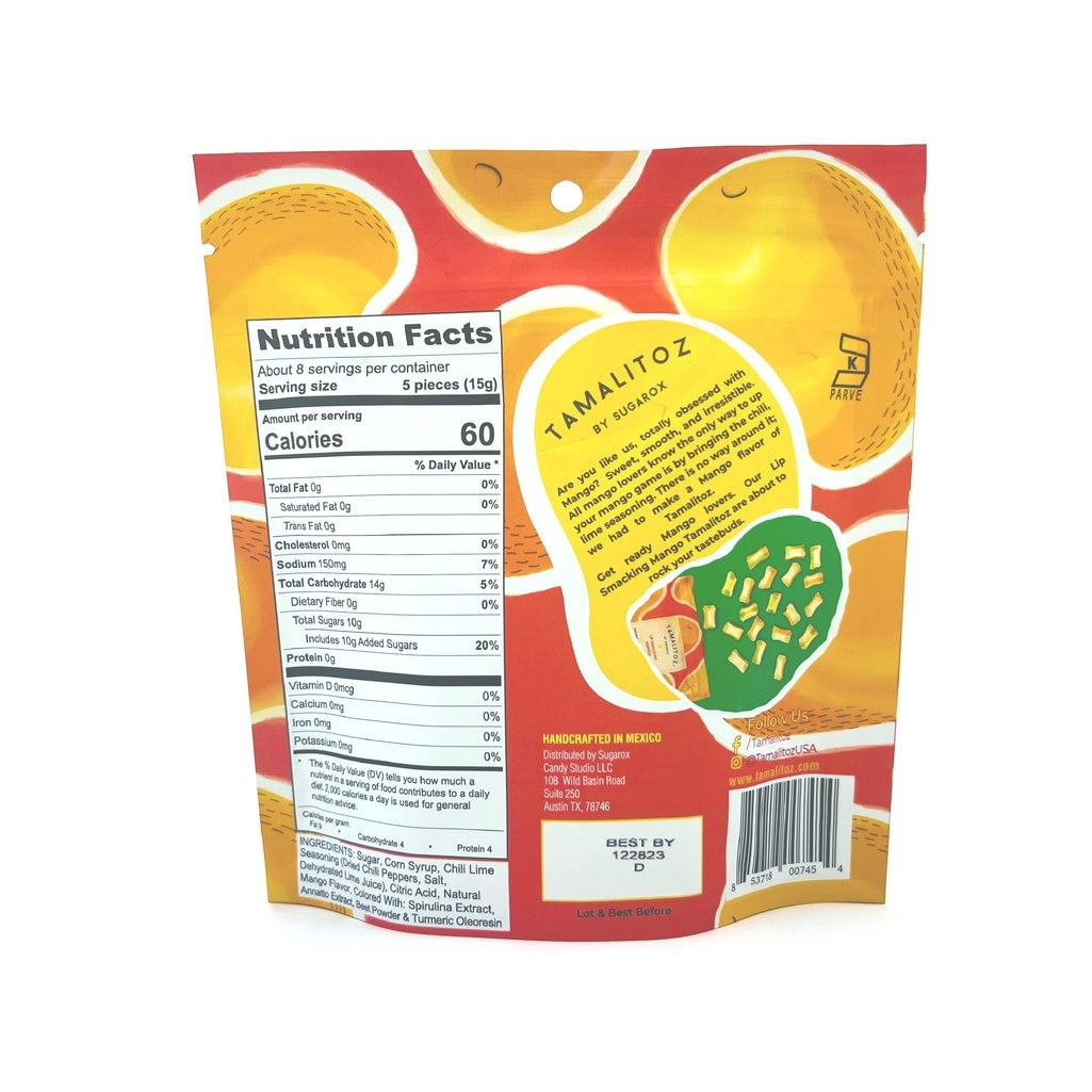 Twelve-count bag of ribbon-style Tamalitoz candy with mild chili powder and lime flavor.