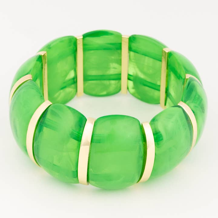 Talia Pine Bracelet featuring chunky, translucent green resin beads separated by gold-tone spacers.