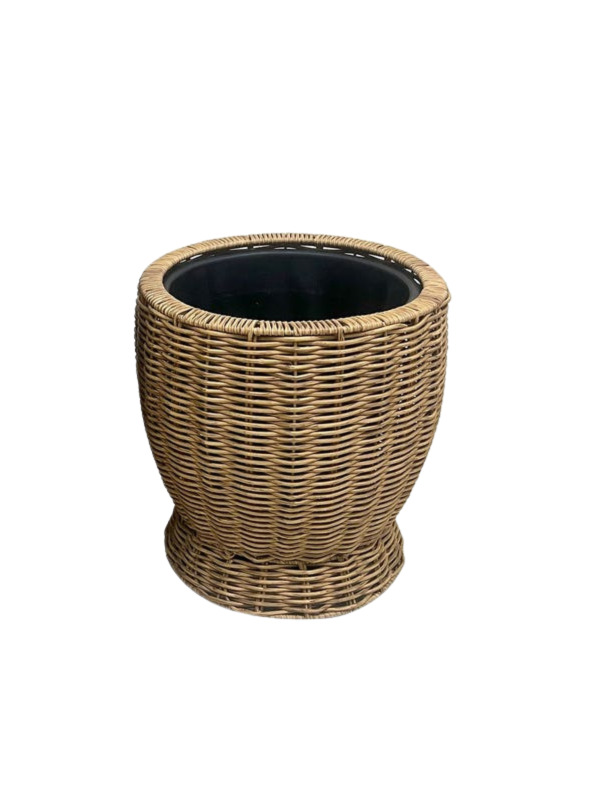 Woven poly tree basket with a black liner and a flared base.