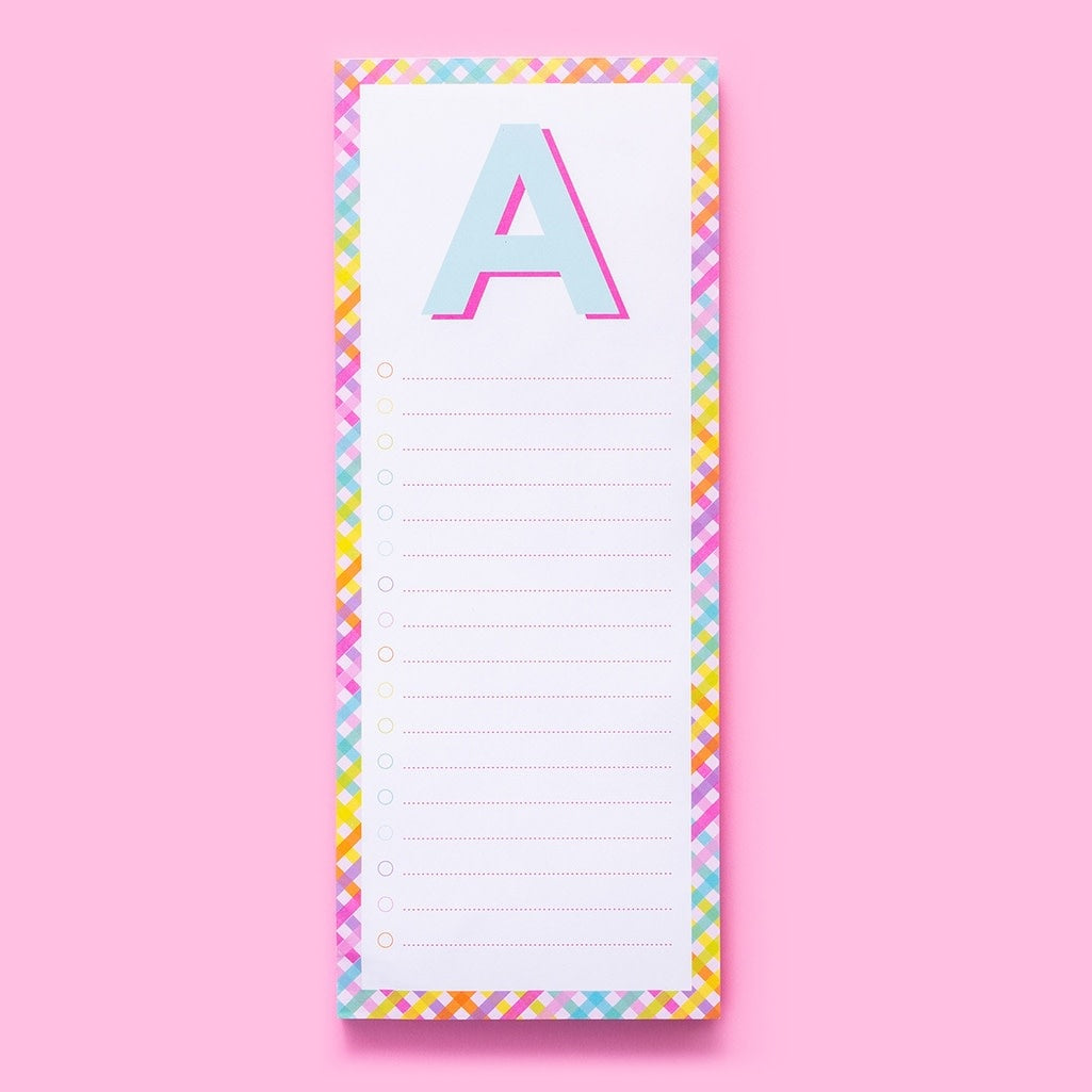 4-inch by 10-inch lined list pad with magnet on back in shrink-wrap packaging