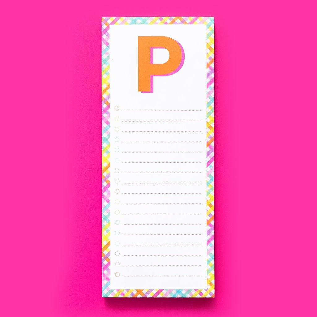4-inch by 10-inch lined letter pad with magnet on back in shrink-wrap packaging