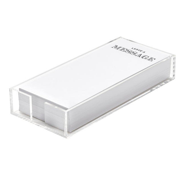 Clear acrylic notepaper tray holding loose leaf card stock inserts with simple messages.