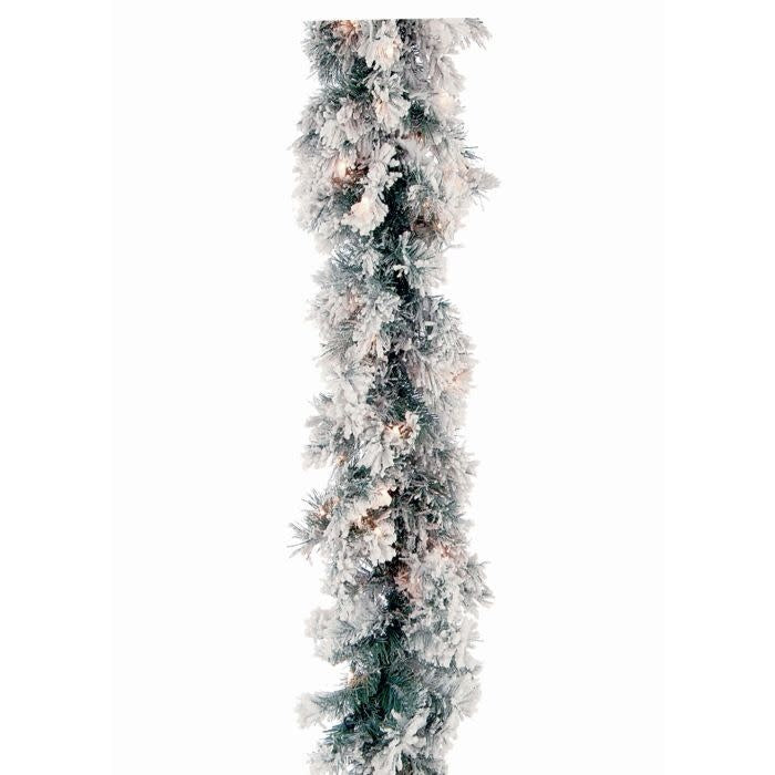 Nine-foot snowy flocked greenery garland with warm glowing lights