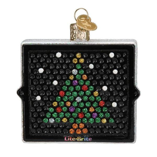 Hand-crafted glass Lite Brite ornament featuring a colorful peg art template with neon-style light design.