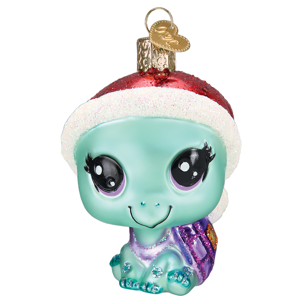 Littlest Pet Shop Bev ornament: a cheerful box turtle figurine in teal shell with brown legs and head.