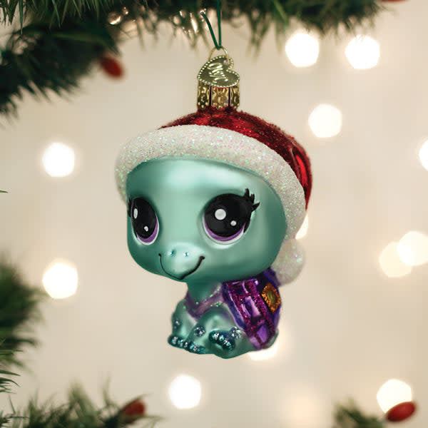 Littlest Pet Shop Bev ornament: a cheerful box turtle figurine with green shell and brown body.