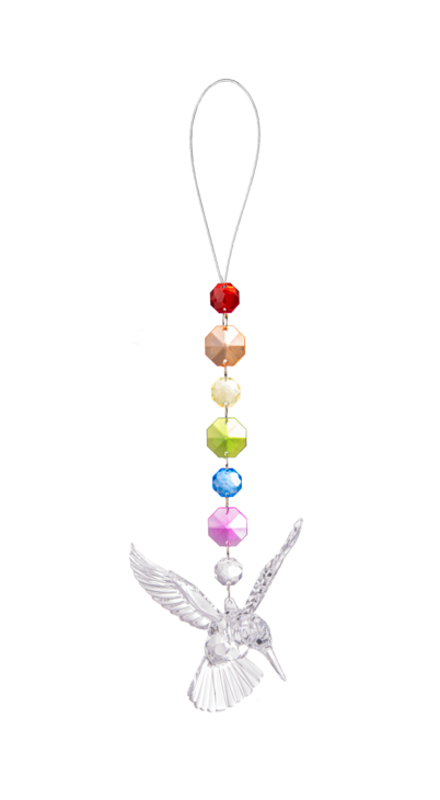 Rainbow beaded hummingbird ornament with multi-colored beads forming a detailed silhouette.
