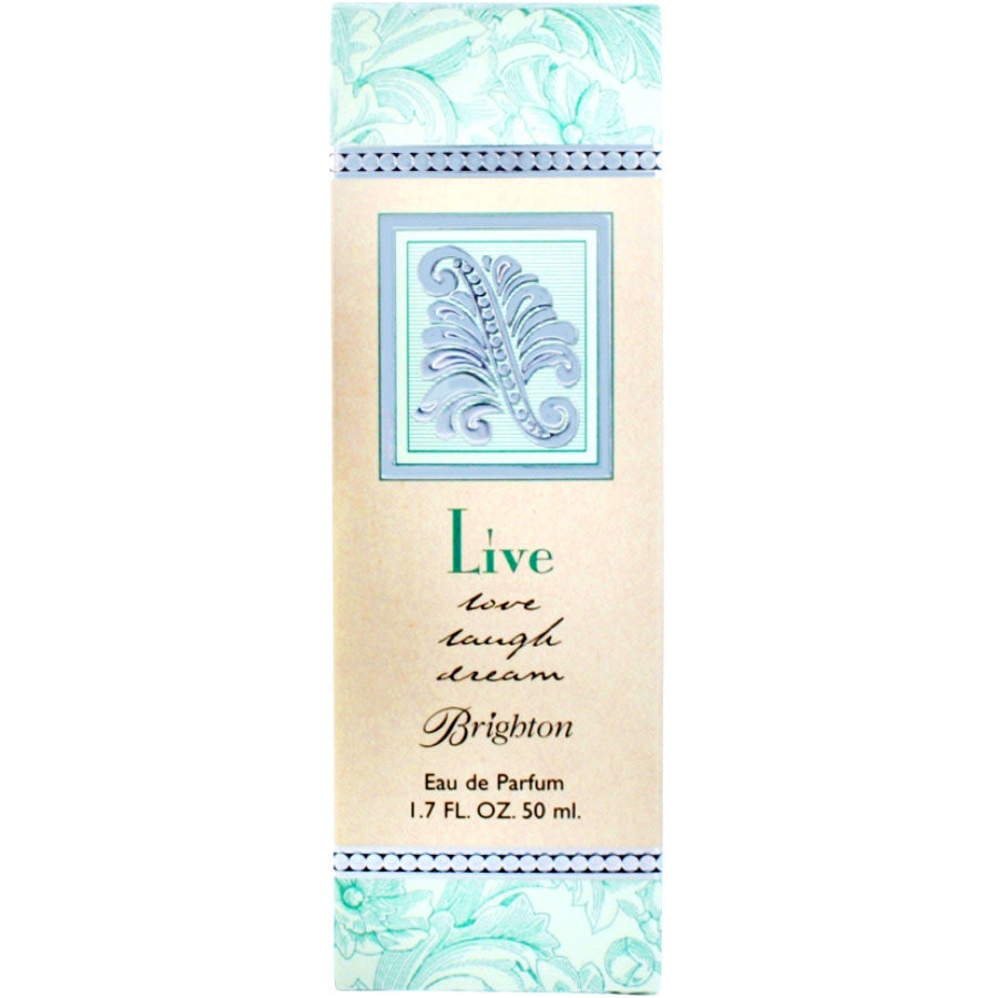Green glass bottle containing Live Eau De Parfum with a translucent floral rose scent.