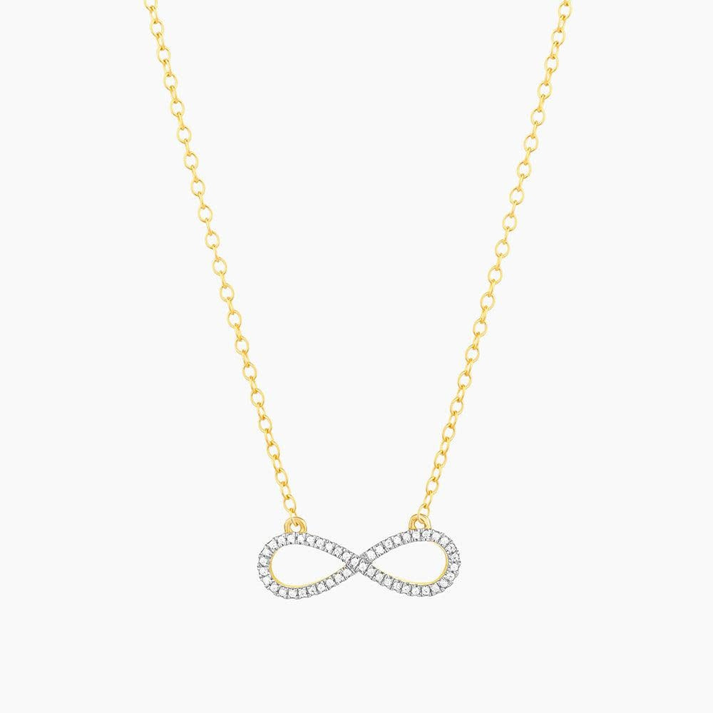 Gold pendant necklace featuring a diamond infinity symbol on an 18-inch chain with lobster clasp.