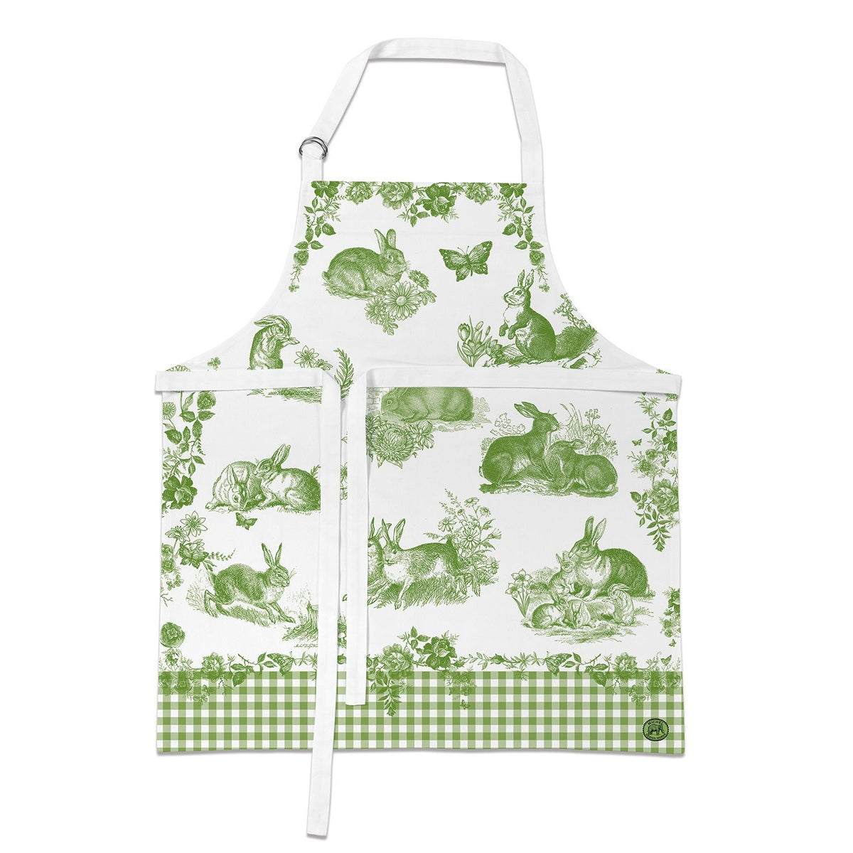 Black cotton chef apron with adjustable neck strap featuring metal double D-rings.