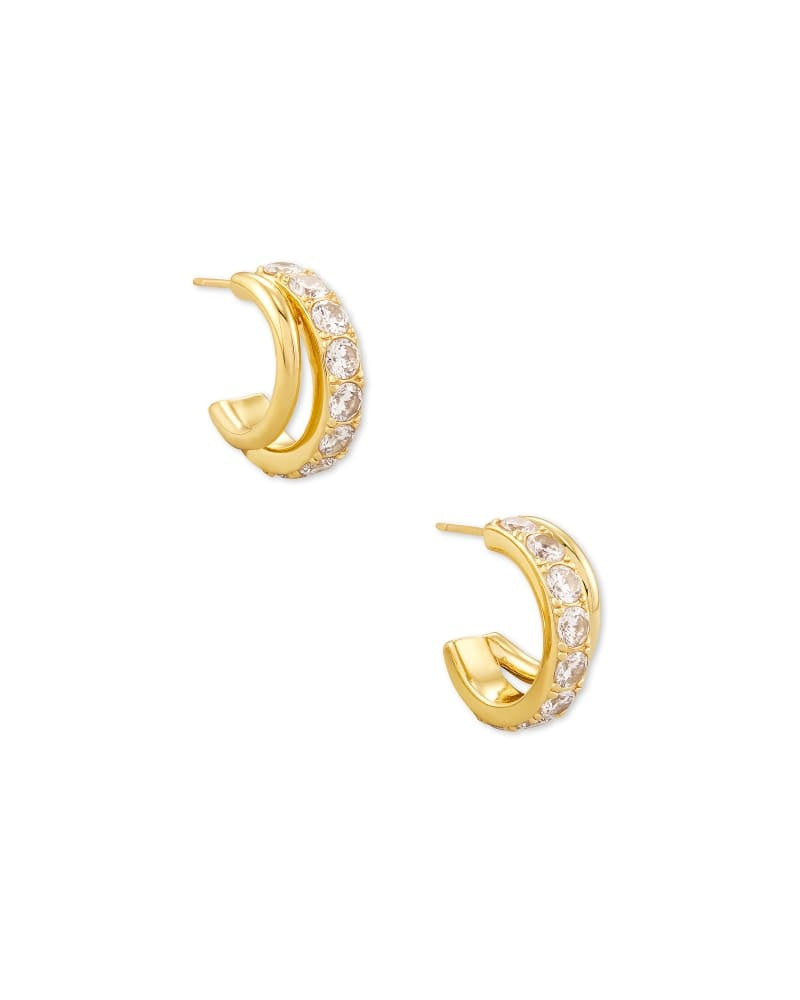 Gold metal asymmetric split hoop huggie earrings with white crystal accents