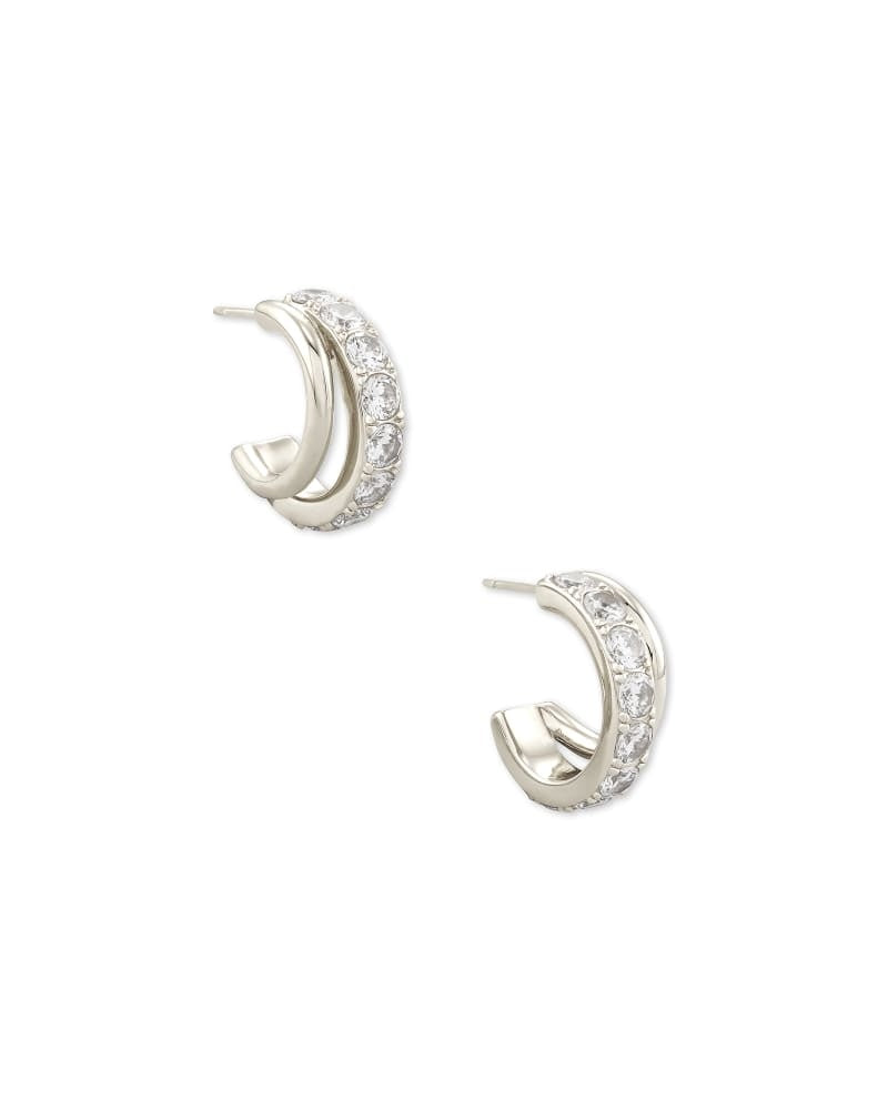 Rhodium over brass asymmetric split hoop huggie earrings with white crystals