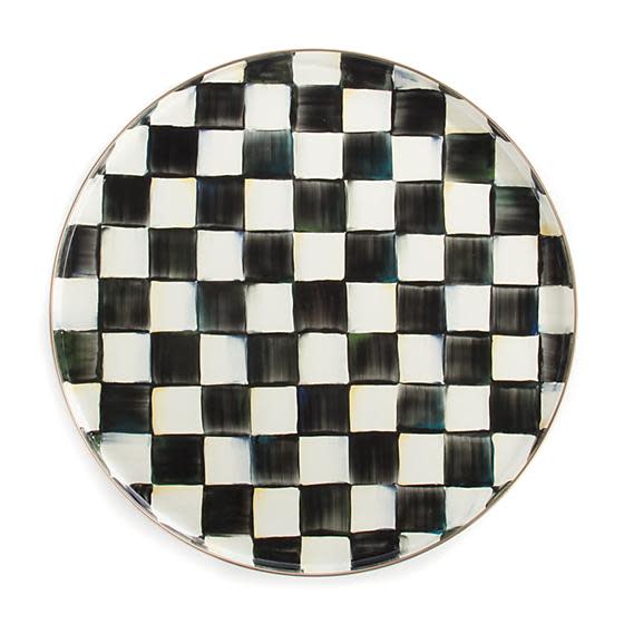 Courtly Check Enamel Round Tray with hand-painted black and white checkered pattern and bronze rim.