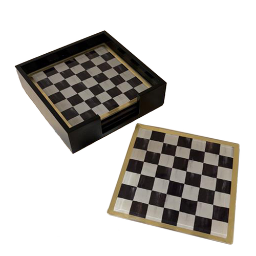 Set of four glass coasters with a black and white checkered pattern in a black square holder.
