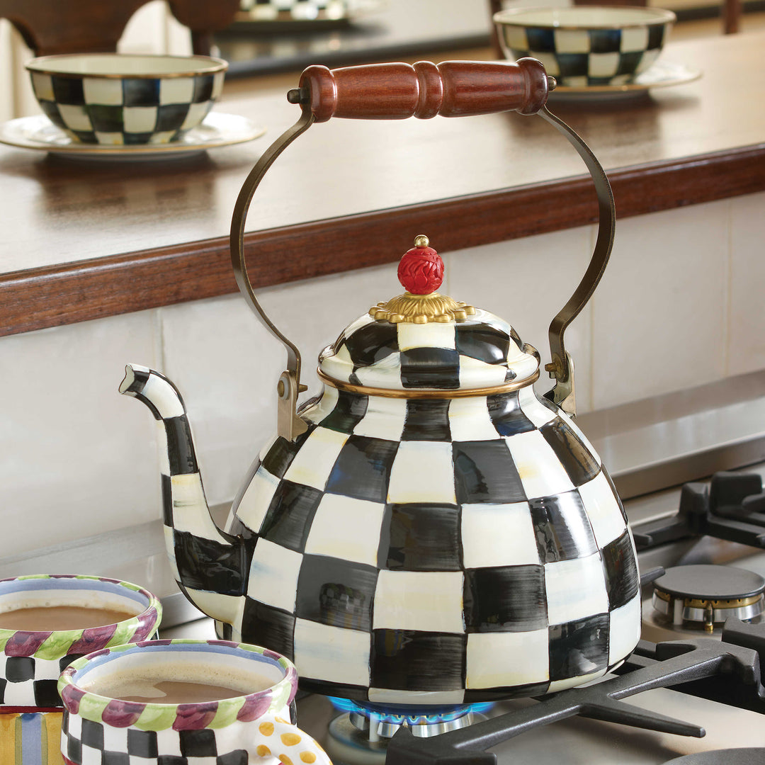 3-quart enamel tea kettle with Courtly Check pattern, wood handle, brass accents, and hand-glazed steel body.