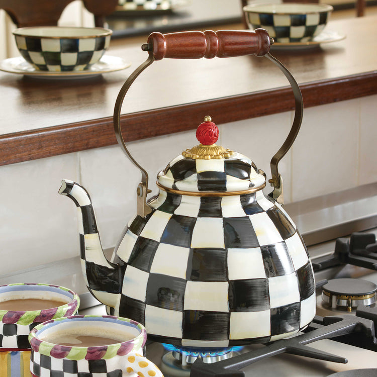 3-quart enamel tea kettle with Courtly Check pattern, wood handle, brass accents, and hand-glazed steel body.