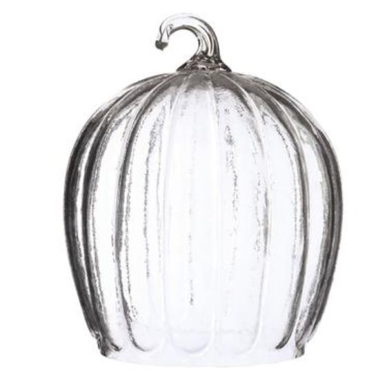 Clear glass pumpkin measuring 11.3 inches high by 7.4 inches deep.