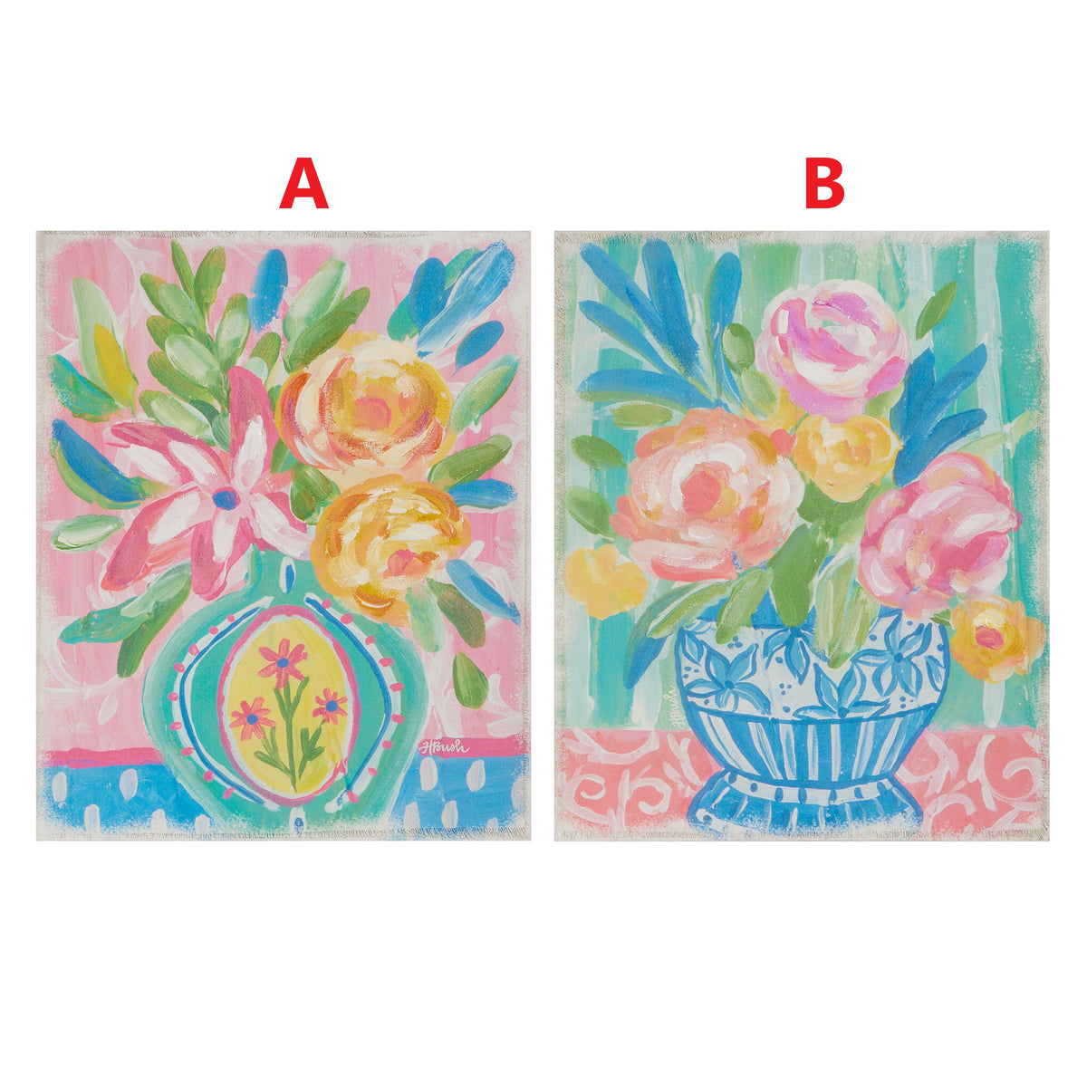 Fir wood wall hanging with a floral whimsey print in natural tones.