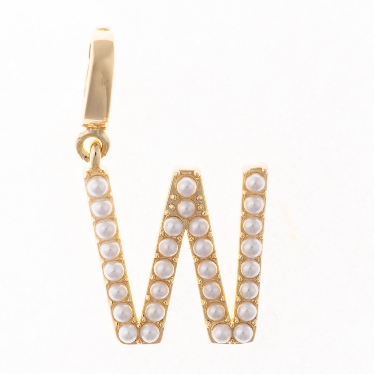 18k gold plated letter W charm featuring small white pearl inlays and a clasp attachment.