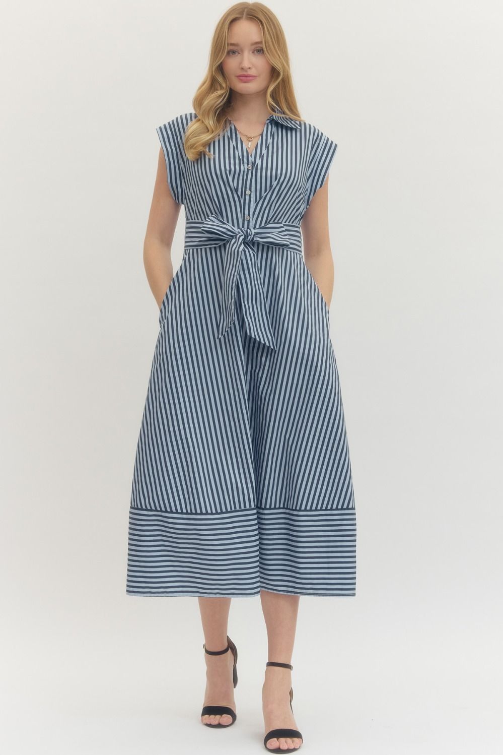 Donna striped cotton midi dress with cap sleeves, side pockets, and a relaxed silhouette.