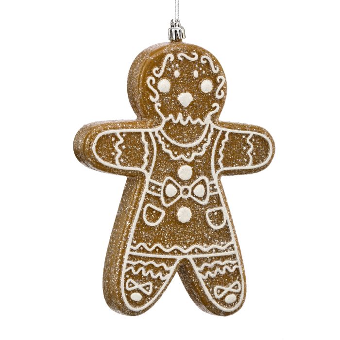 8.5-inch gingerbread man ornament dusted with white sugar-like texture.