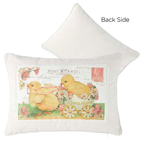 A Joyful Easter Postcard Pillow featuring a 20-inch square silhouette with an illustrated postcard design.