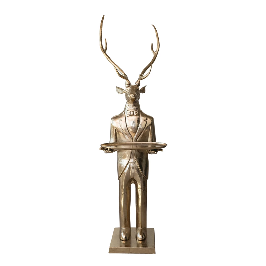 Cast aluminum deer-shaped butler tray with gold finish