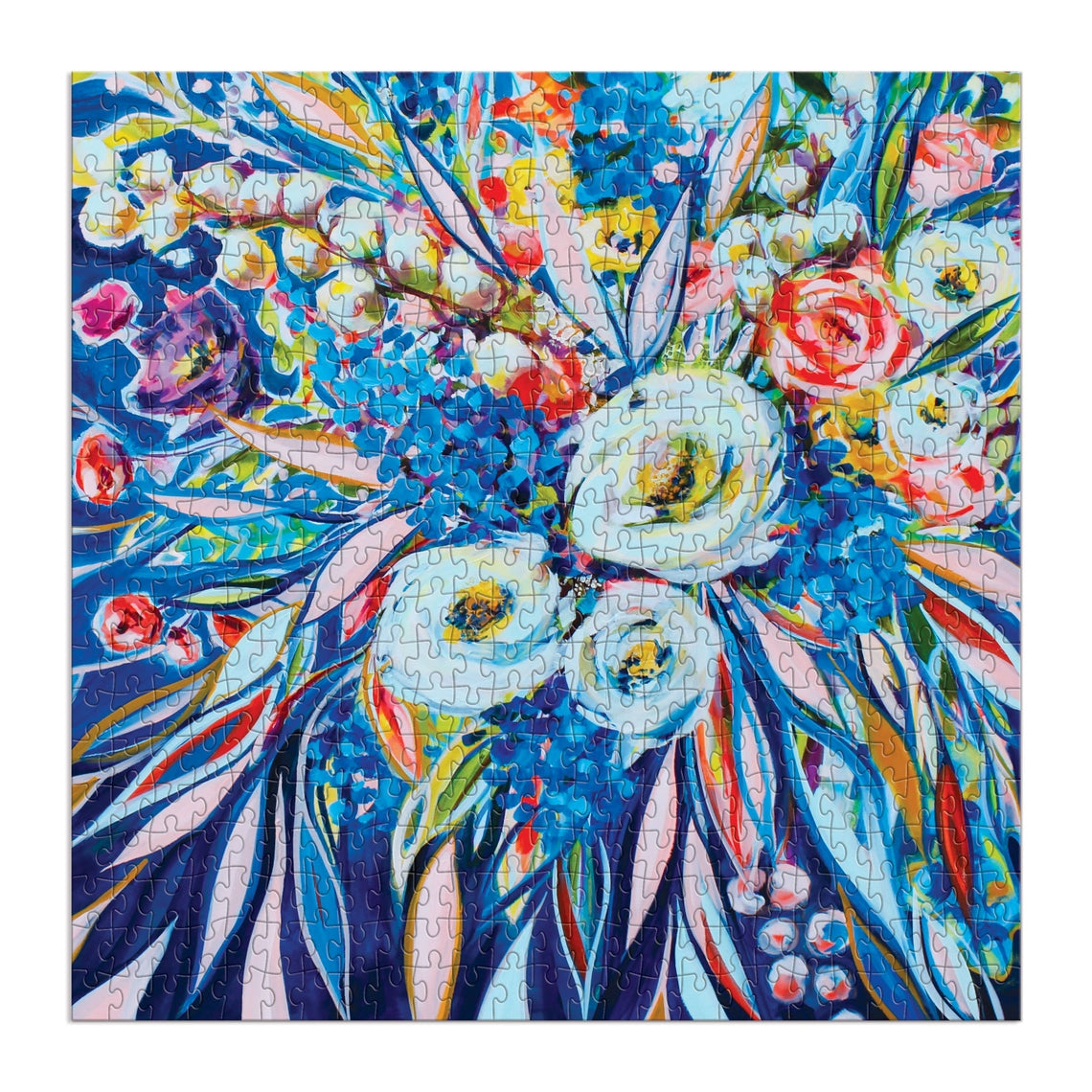 Artful Blooms 500-piece square jigsaw puzzle featuring a vibrant, colorful floral painting.