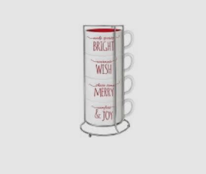 Stacking mugs set with red interior, white exterior, and red text reading 'BRIGHT', 'WISH', 'MERRY', '& JOY'.