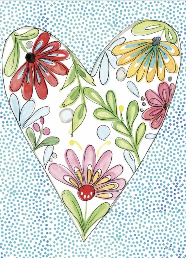 Heart-shaped card with colorful flowers and leaves on a blue dotted background.