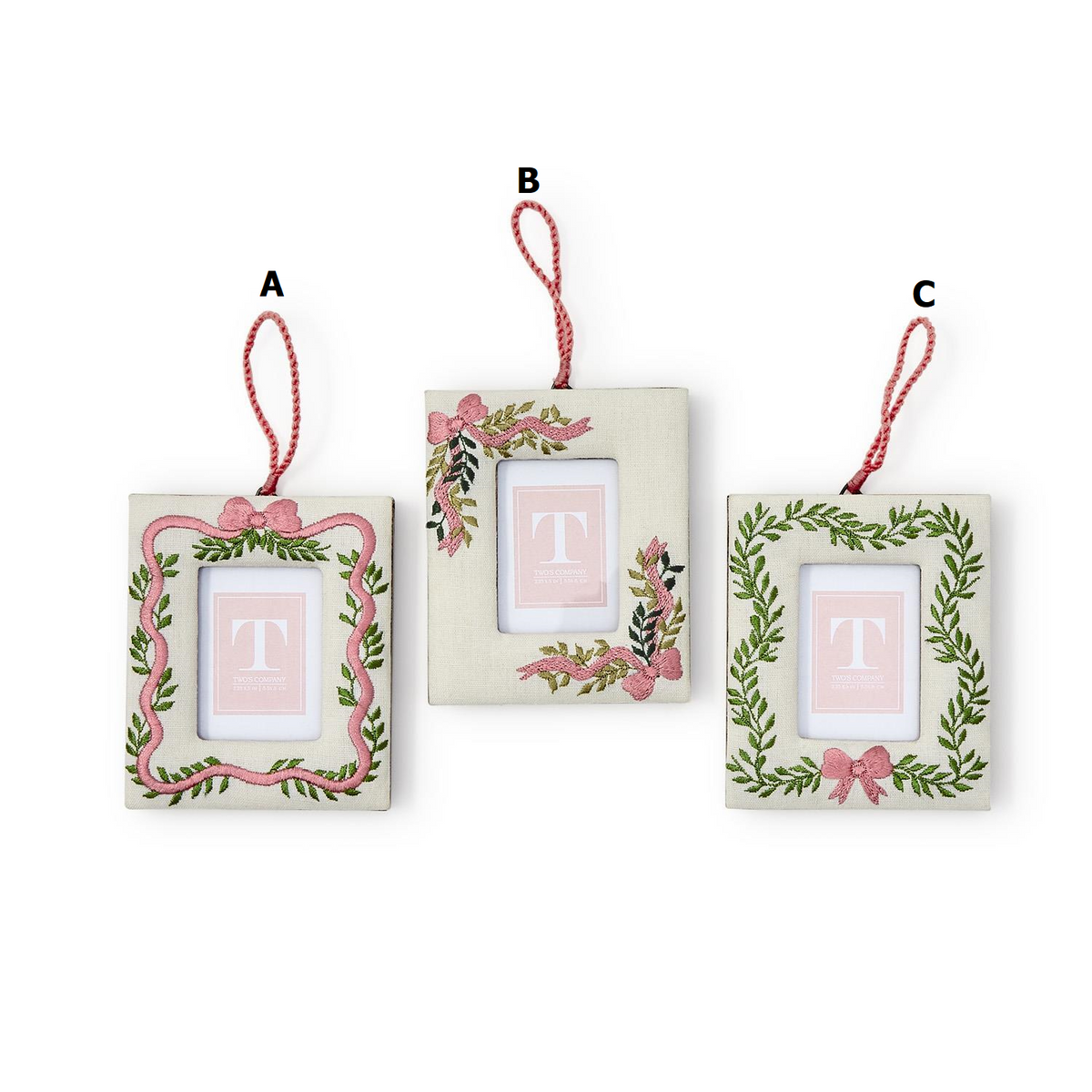 Holiday Memories embroidered photo frame ornament in red with gold thread detailing a festive wreath silhouette.