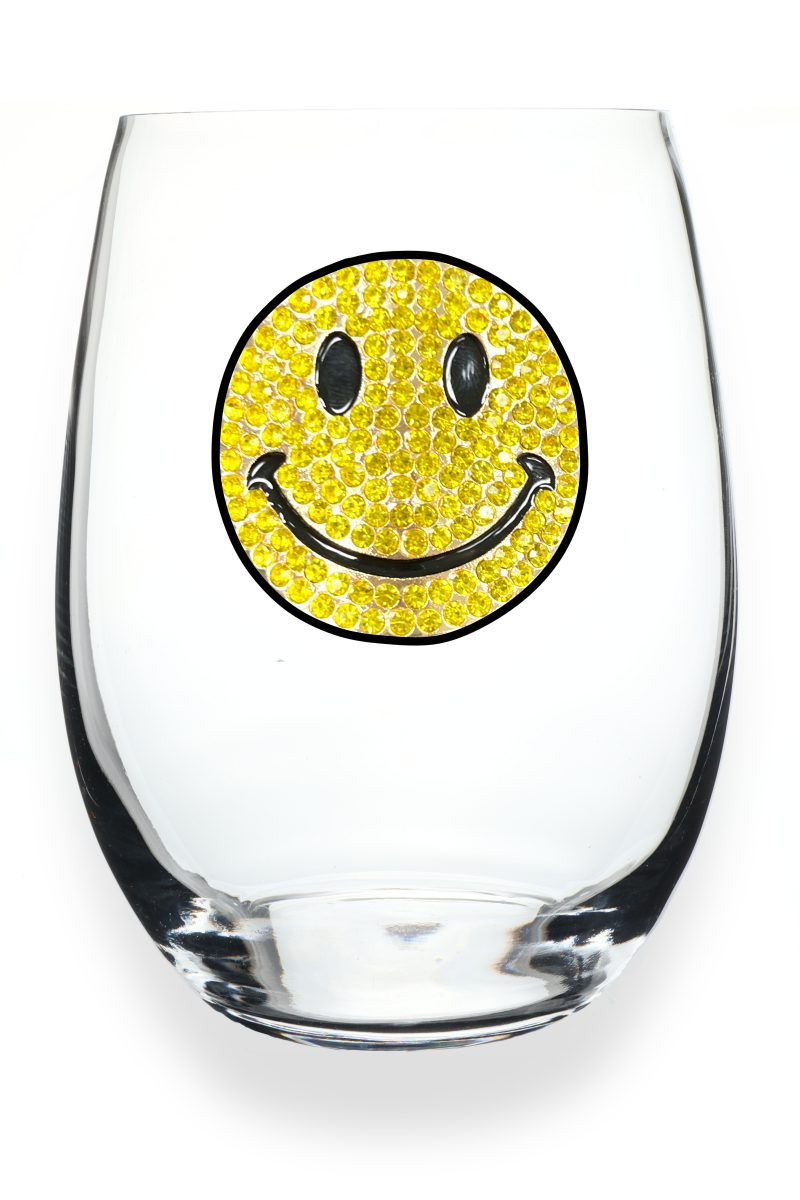 Handcrafted stemless wine glass with jeweled embellishments around the rim in clear crystal.