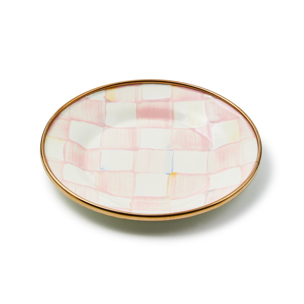 Individual Rosy Check Appetizer Plate with hand-painted pink and white checks and a bronzed rim.