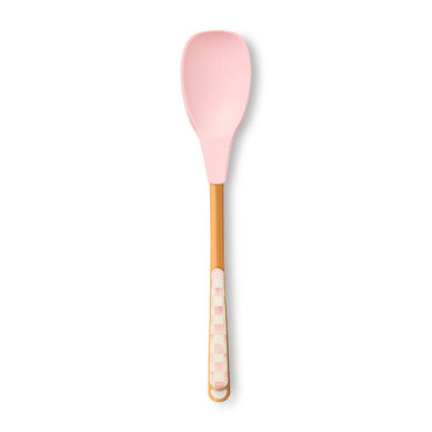 Rosy check spoon with stainless steel handle and PBT head featuring a pink patterned silicone tip.