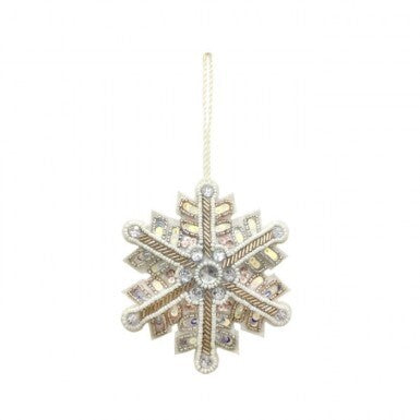 4.5-inch platinum snowflake ornament decorated with glass beads and sequins.