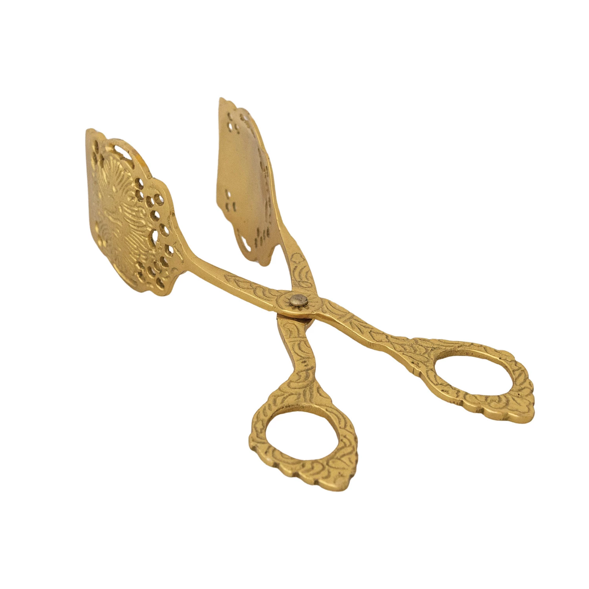 Embossed brass tongs with a textured surface and classic curved handles.