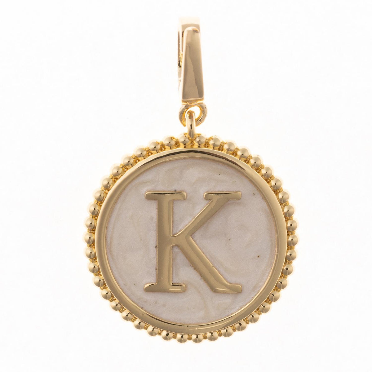 Circular .5-inch charm in 18k gold plating with faux mother-of-pearl inlay and clasp.